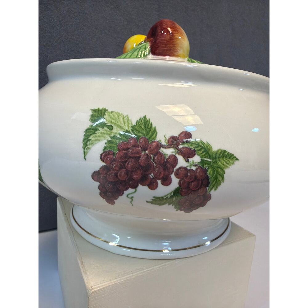 Vtg 1980s Teleflora Serving Bowl Lidded Fruit Pattern Gold Trim 8" Ceramic - Picture 4 of 10